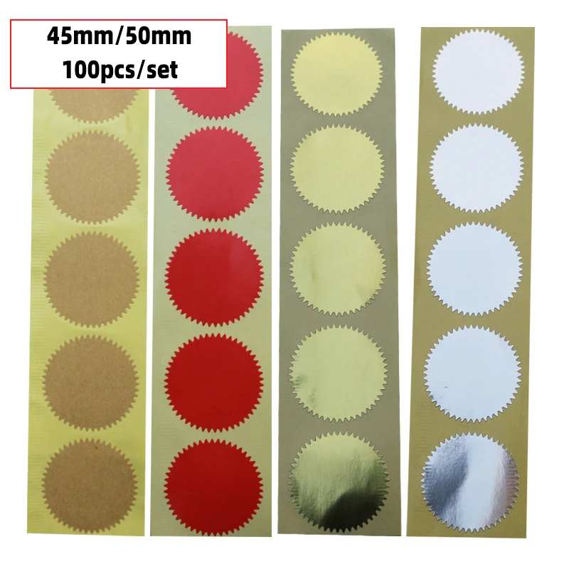 100pcs 45/50mm Gold Silver Foil Self Adhesive Steel Seal Stickers for Envelopes Certification Graduation Notary Corporate Seals