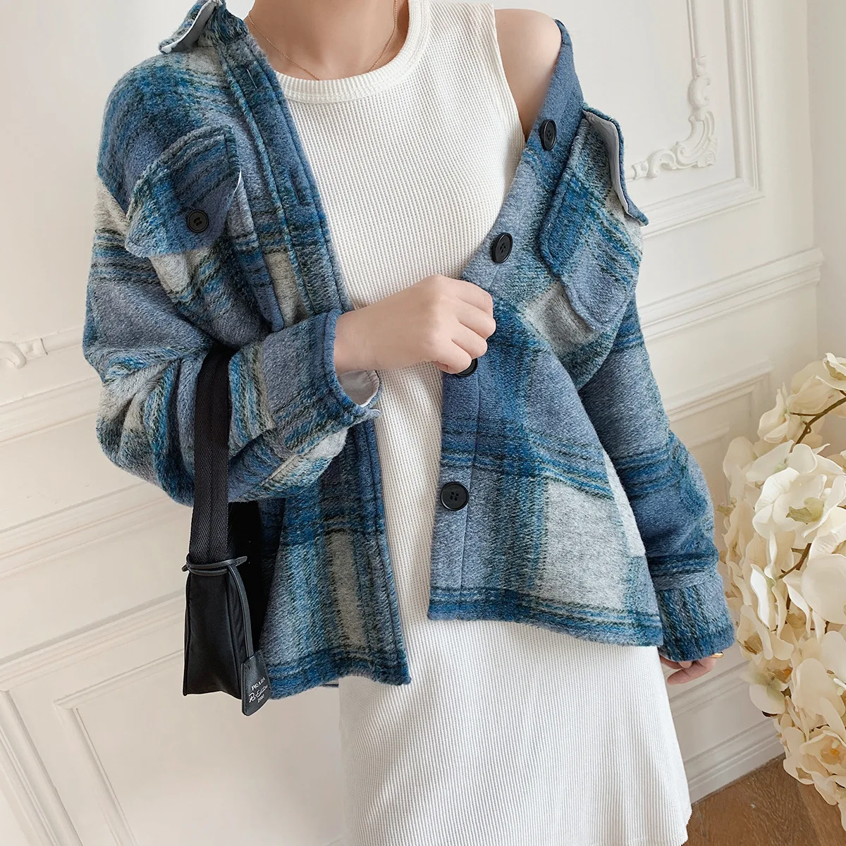 24 Spring and summer new plaid coat shirt collar long woolen coat women's