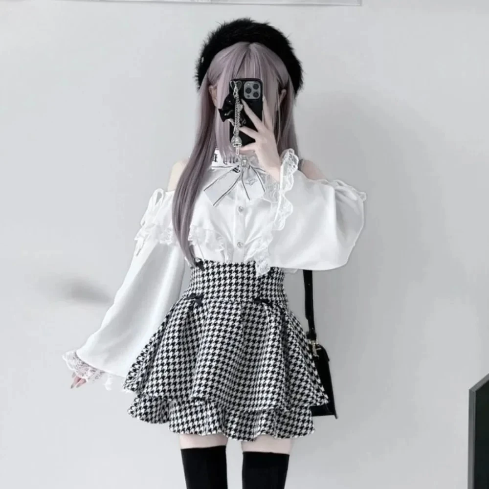 

Preppy Style All-match Mujer Faldas Japanese Houndstooth Short Slim Sweet High Waist Cake Ball Gown Skirts Student 2025 Hot Sale