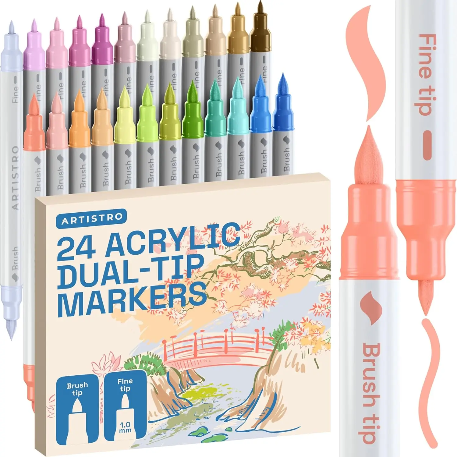 

24 Pastel Acrylic Paint Markers - Dual Tip Brush & Fine, Multi-Surface Art Supplies for Adults, Teens, Kids