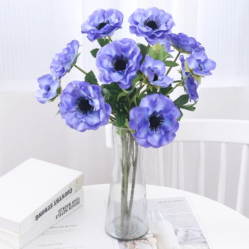 DociDaci 3 Heads Artificial Silk Anemone Fake Flower Poppy Party Bride Wedding Decoration Christmas Home Room Table Decor Wreath