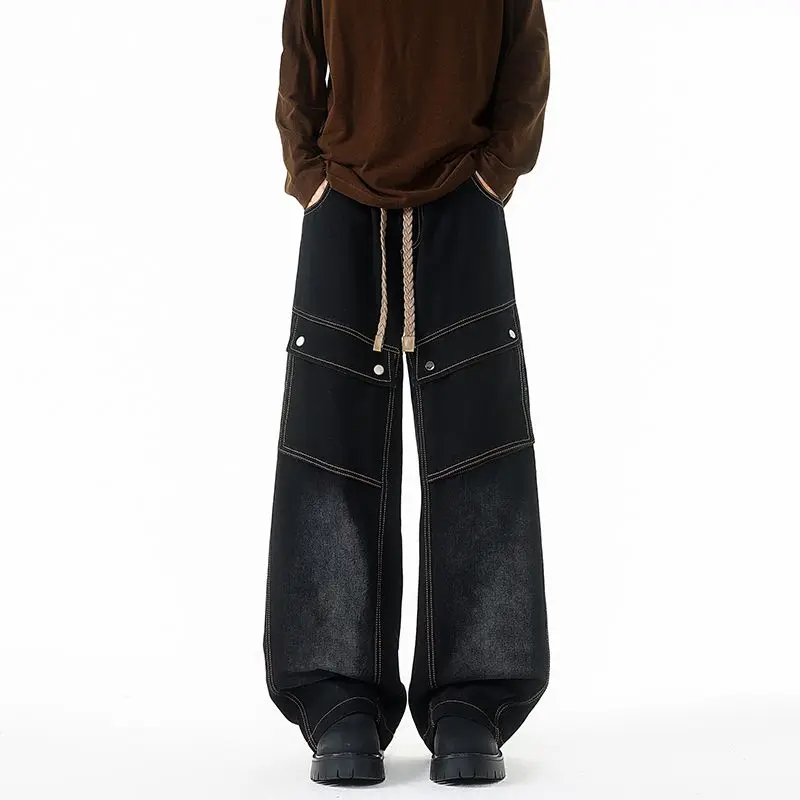 بنطال جينز رجالي مقاس كبير كاجوال أمريكي واسع الساق مع جيوب متعددة بنطال عمل عصري ومتعدد الاستخدامات