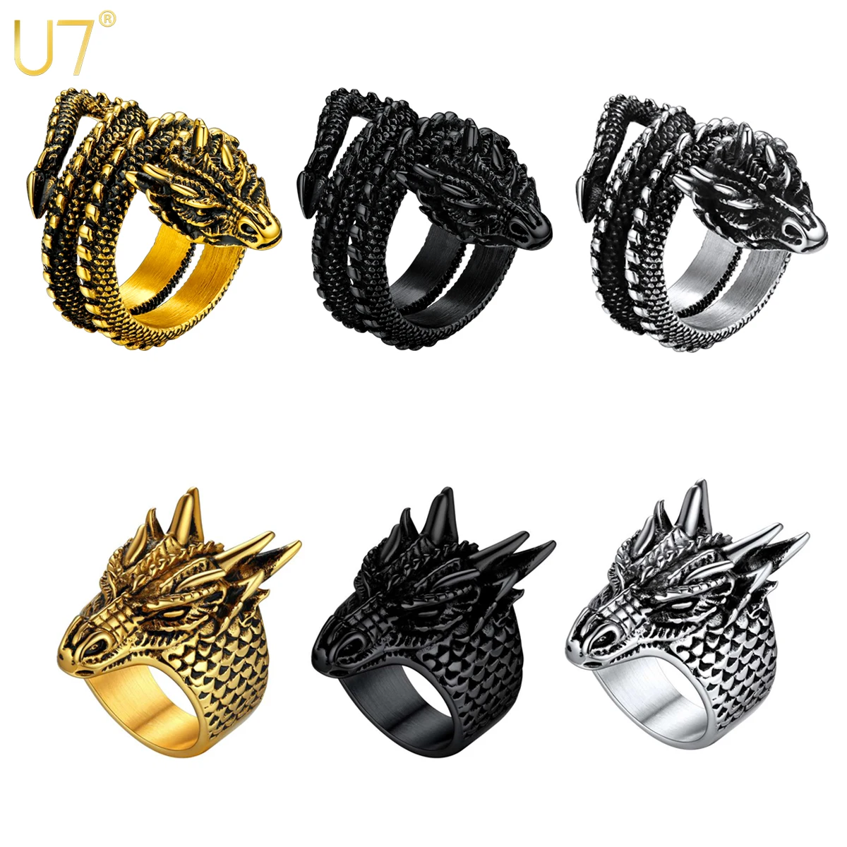 U7 Dragon Rings for Men Women Black Retro 14K Gold Color Vivid Animal Dragon Wrapped Rings Stainless Steel Cool Jewelry Gift