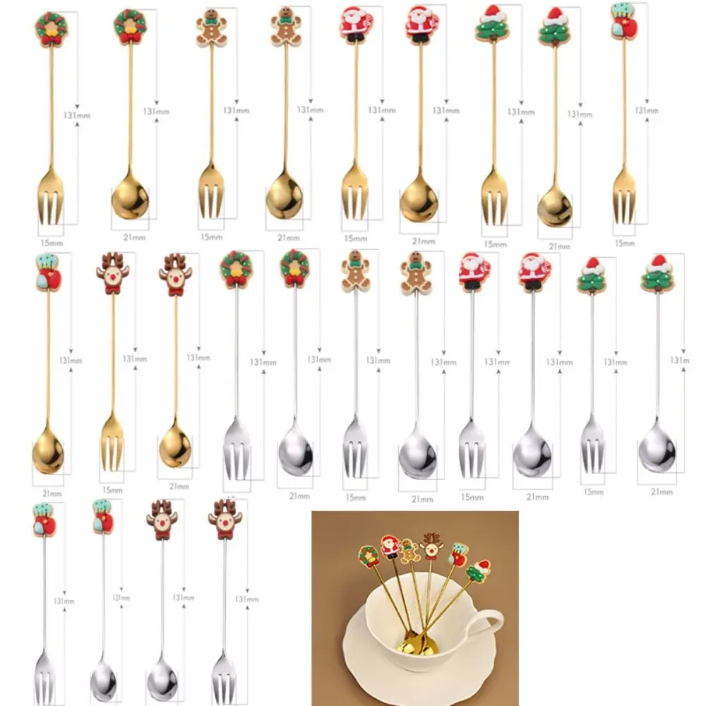 

Stainless Steel Christmas Spoons Forks Set Gold Silver Multifunctional Dessert Fork Elk Christmas Tree Gingerbread Man