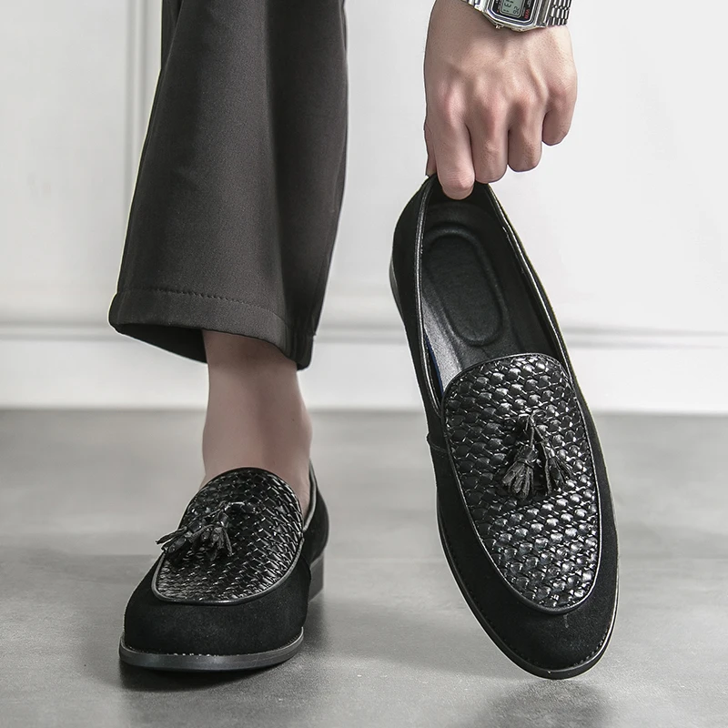 Men's Retro Brown Tassel Loafers Two Tone Snake Embossed Suede Slip on British Style Formal Party Male Dress Footwear Size 38-47