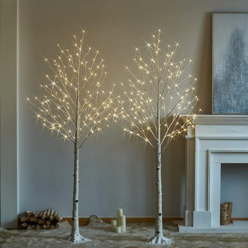 Pre Lit Birch Tree 2 Pack 6FT 128 Warm White LED White Twig Tree Lights for Indoor Outdoor Home Spring Easter Christmas Holiday