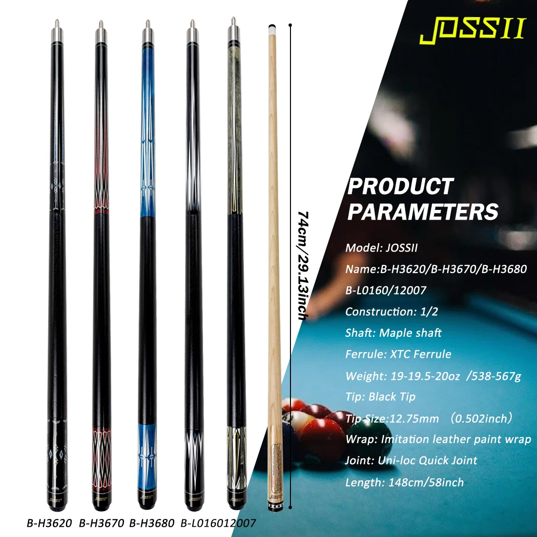 JOSSII 2-Pieces Pool Cue Stick - 58