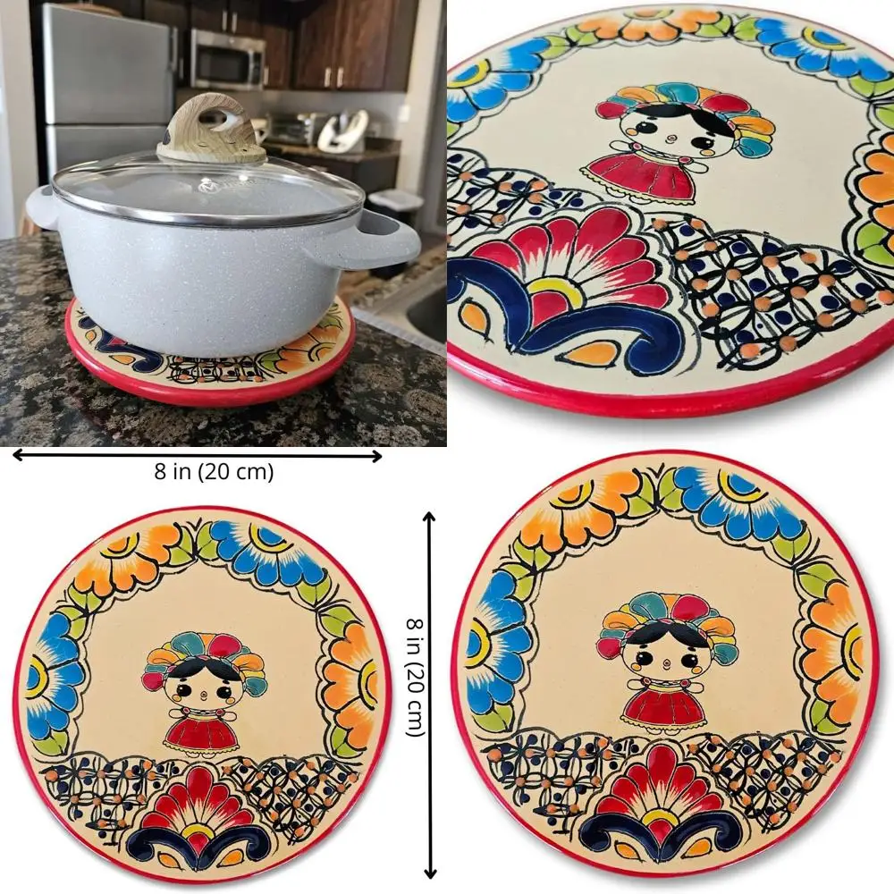 

Mexican Ceramic Trivet 'Lele' - 8 Round Hand-Painted Talavera, Folk Art Kitchen Decor & Hot Plate Protector