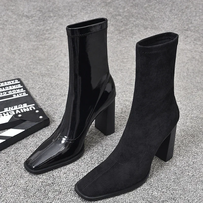 

Autumn Square Toe Slim Women Ankle Boots Thick High Heels Ladies Shoes Fashion Square Toe Short Botas De Mujer