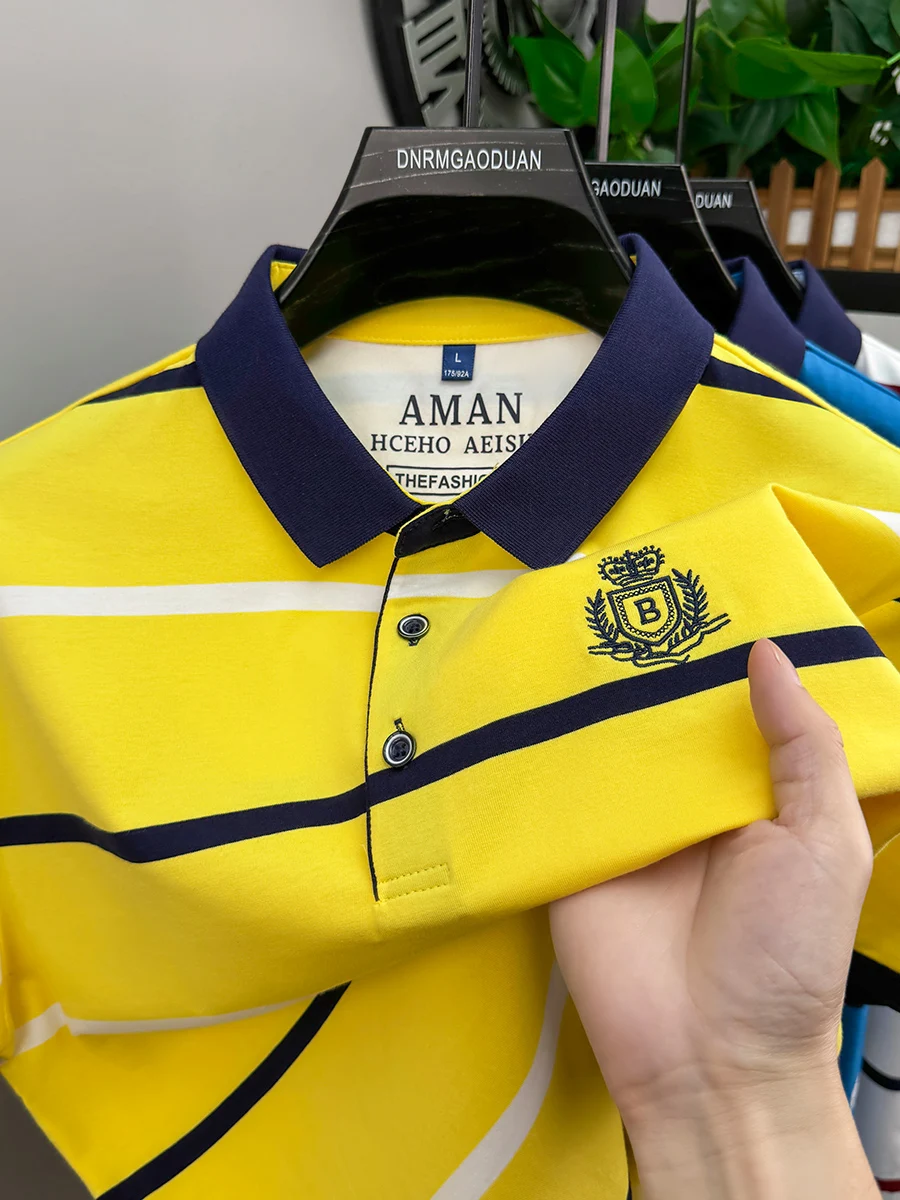 أزياء مخططة الرجال قصيرة الأكمام قميص بولو الصيف جديد فاخر العلامة التجارية إلكتروني التطريز حريري تنفس عالية الجودة تي شيرت