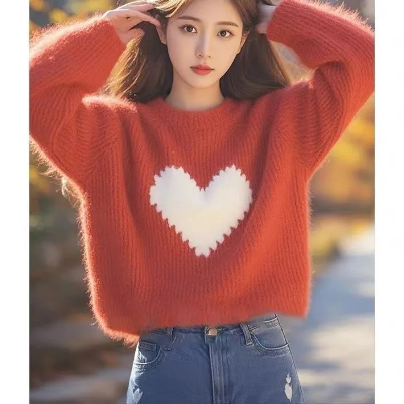 Fashion Love Embroidered Warm Color Knitwear Women Autumn Winter Simplicity Office Lady Sweater Sweet All-match Knitting Tops