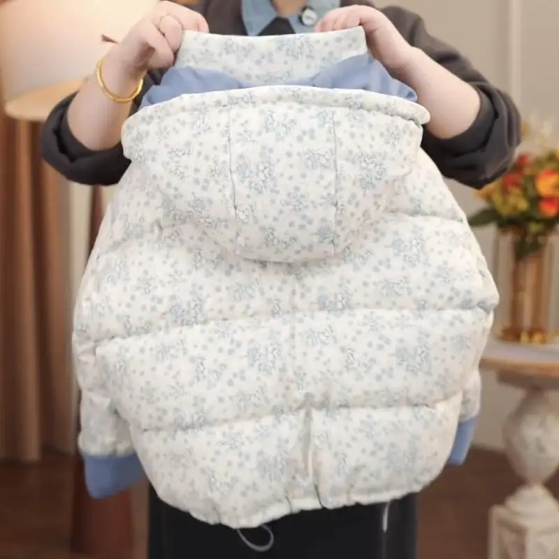 فتاة ملابس قطنية خريف شتاء جديد Kawaii الأزهار القطن معطف رشاقته القطن وسادة مبطنة معطف مقنع ملابس الأطفال