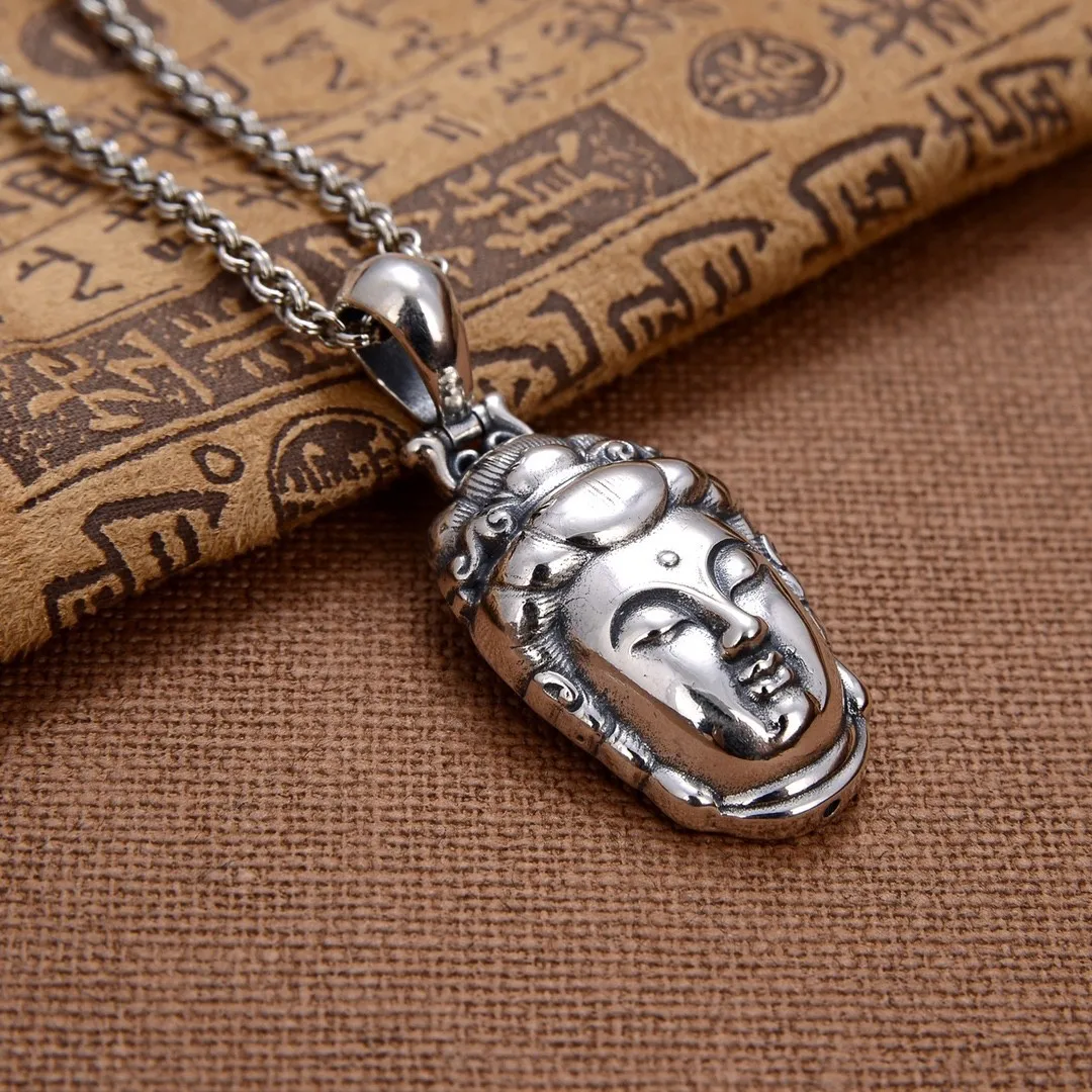 

Buddha head s925 sterling silver bodhisattva pendant male silver buddha head silver jewelry round beads retro necklace