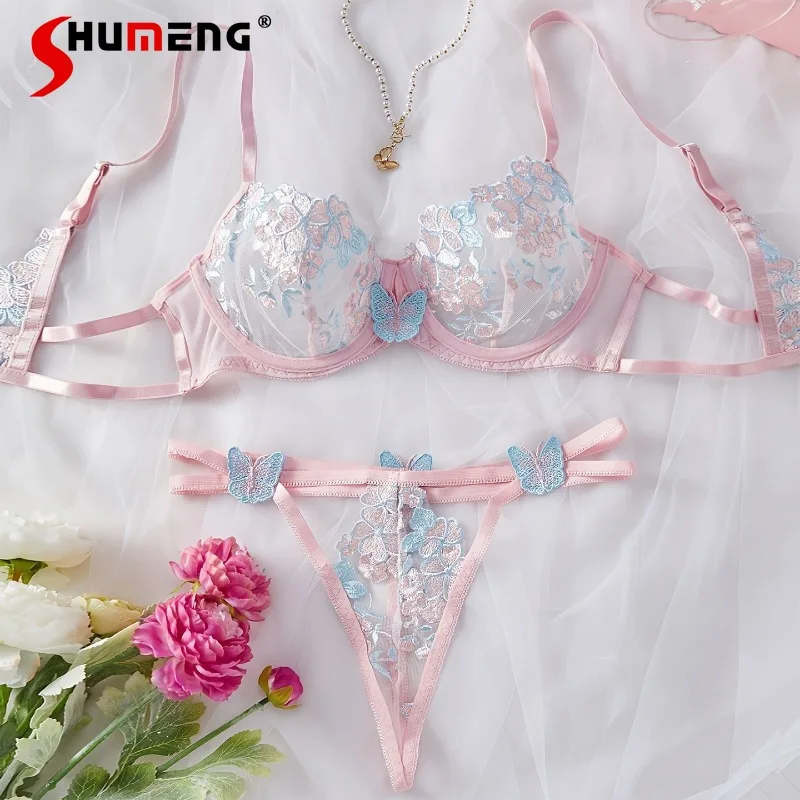 

Sweet Style Sexy Lingerie Outfits Women Underwire Cute Butterfly Bra Set Female Push Up Ultra Thin Cup Underwear Brief Suits