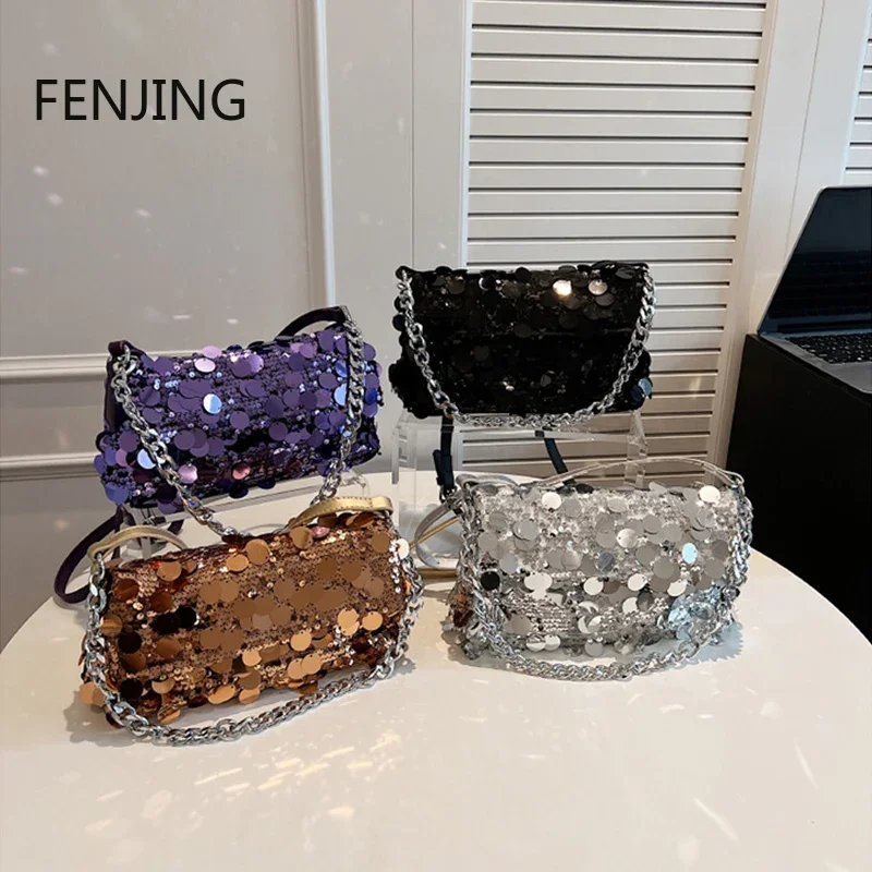 Sequined Shiny Handbags Women 2023 New Fashion Shoulder Crossbody Bags Luxury Party Evening Bags Purple Over Envelope Bags