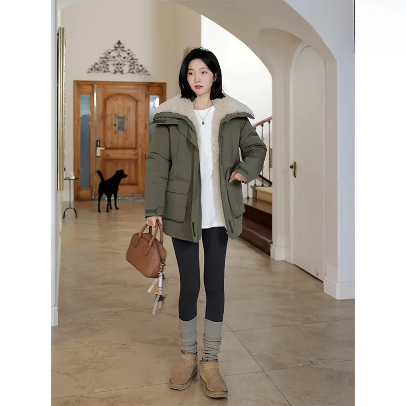 

Cozy Winter Outerwear Windproof Fluffy Loose Fit Slimming Warm Commute Sle Pure Color Zipper Closure Long Sve Coat