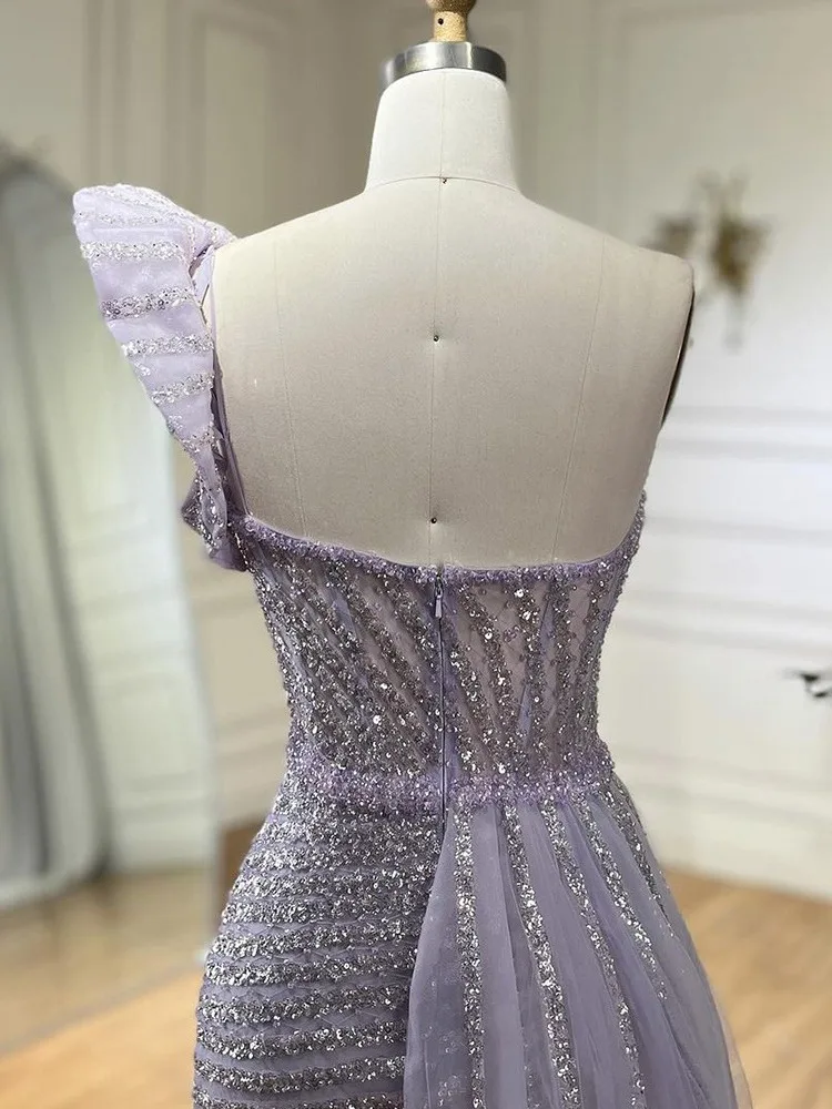 Lilac Purple Hand-beaded One-shoulder Sleeveless Fishtail Banquet Elegant Temperament Dress Wedding Dress