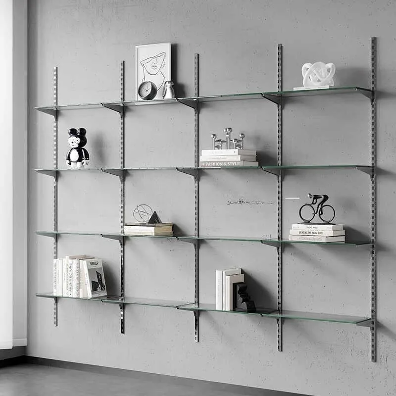 Transparent glass multi-layer shelves Home wall-mounted track bookshelf Modern simple word baffle metal display stand