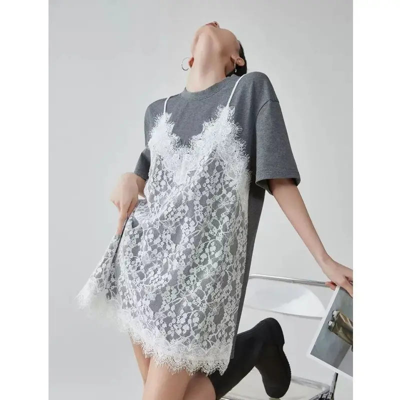 Elegante Spitzen-Patchwork Kurzarm-T-Shirts für Damen, Neue Einfarbige Schlichte Lässige Oberteile im Koreanischen Stil für den Sommer