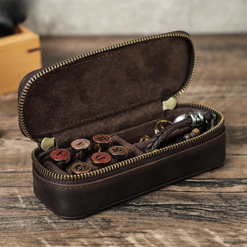 

2 Parts Leather Jewelry Storage Case Portable Double Zipper Men's Clothing Button Bracelet Ring Jewelry Box