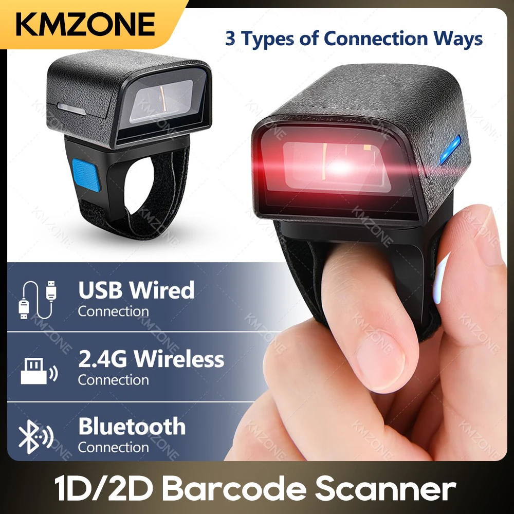 Wearable Mini 1D 2D Ring Barcode Scanner 2.4G Wireless & Bluetooth & USB Wired 3-in-1 Reader Laser Bar Code Finger Scanners