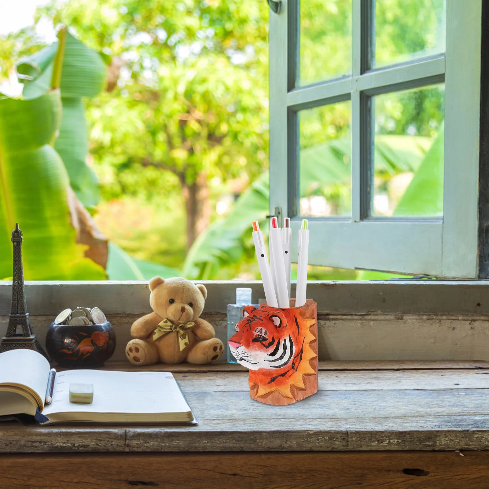 

Tiger Pen Holder Wooden Desktop Organizer Cup Pencil Stationery Makeup Brush Round Container Practical Decorative Desk