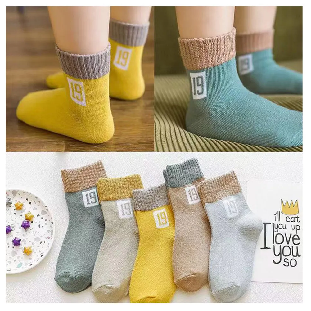 

5Pairs Baby Cotton Socks Kids Mid-Calf Length Soft Comfortable Breathable Non-Slip Warm Socks Suitable for Toddlers 1-2 Years