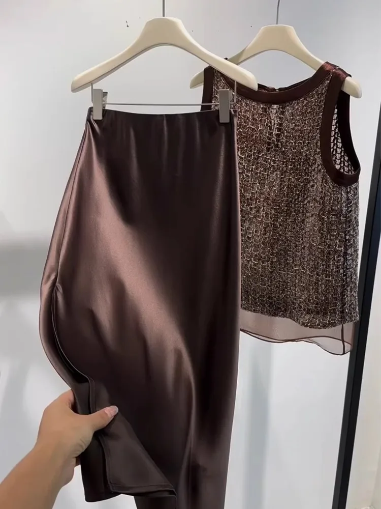 

Жилет карамельного цвета и повседневный комплект из двух предметов Dr, женский летний наряд, маленький размер, ацетатный материал, новинка 2025 г.