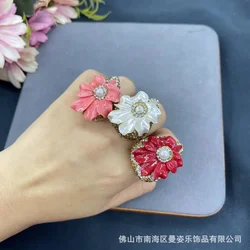 New shell hand-carved flower vintage fashion open ring, original design medieval niche jewelry