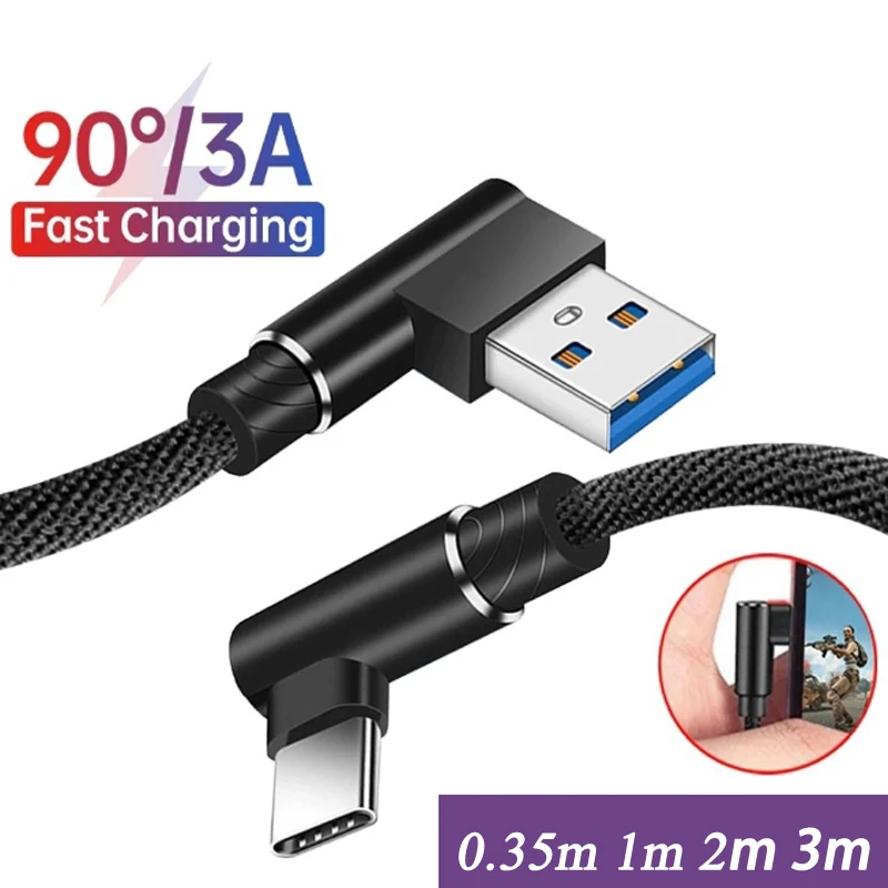 Cable de datos de teléfono de carga rápida, Micro tipo C 3A, codo de 90 grados, cuerda trenzada de nailon, Cable de carga USB seguro y duradero para Android