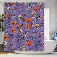 Halloween-themed shower curtain with pumpkin skull design for bathroom decor purple patterned fabric waterproof liner set up kit