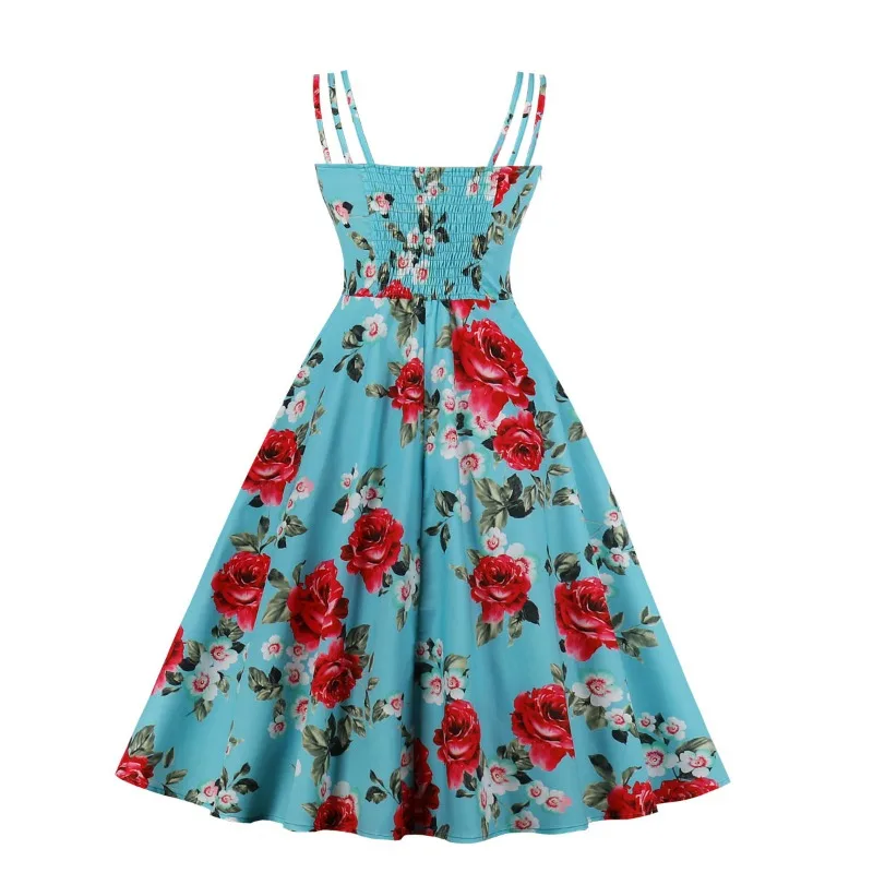 2024 New Bow Front A Line Vintage Elegant Floral Party Cami Dress Women Summer Spaghetti Strap Shirred Back Cotton Retro Dresses