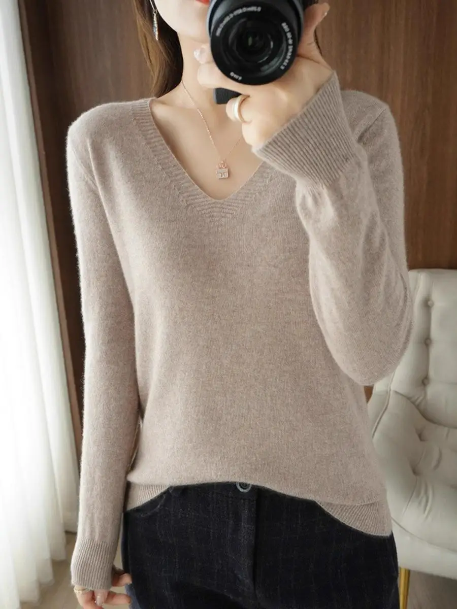 

Women's ort Knitted Sweater V-Ne Pullover Slim Fit Color Base Layer Top Soft Spring Autumn Faion Casual Wear