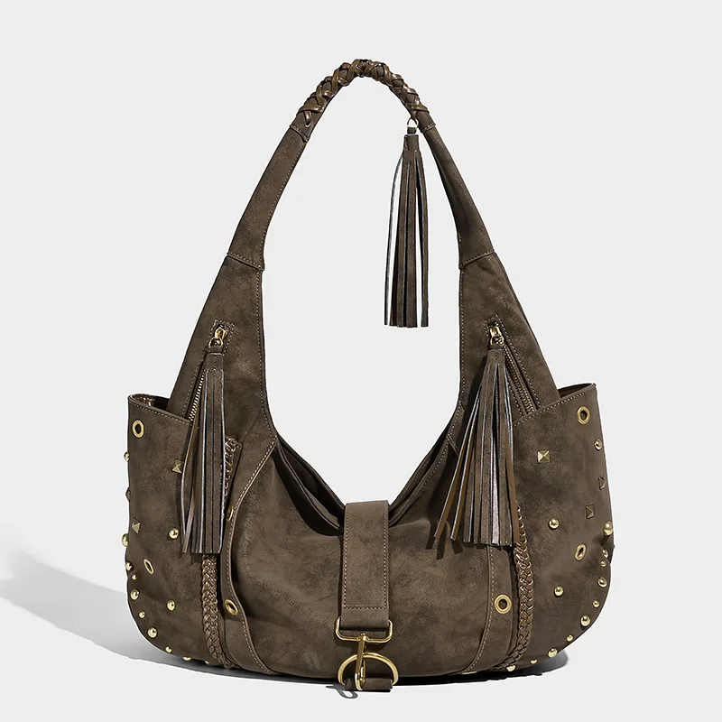 

Женская сумка на плечо из микрофибры и синтетической кожи с высокой текстурой, винтажная сумка с заклепками в стиле деко, большая вместительная сумка, женская сумка-тоут с кисточками