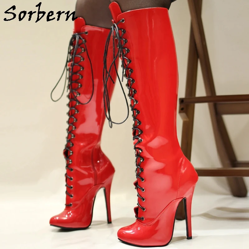 

Sorbern Retro Red Knee Boots Ladies Burlesque Heel Dancer Show Lace Up Boot High Heel Customized Leg Stilettos Size 36-46