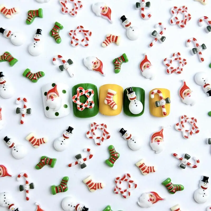 20PCS Cartoon Santa Claus Nail Charms Cute Snowman Painted Christmas Socks Nail Art Decorations for DIY Christmas Style Nails