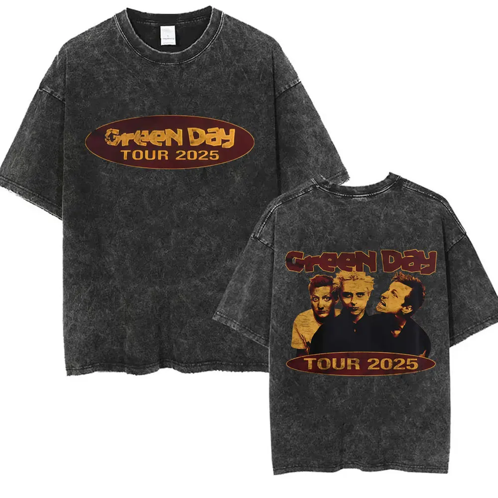 

Washed Vintage Punk Band Green Day Tour 2025 T-shirt Men Women Gothic Rock Oversized T Shirts Men's Casual Cotton Retro T-shirts