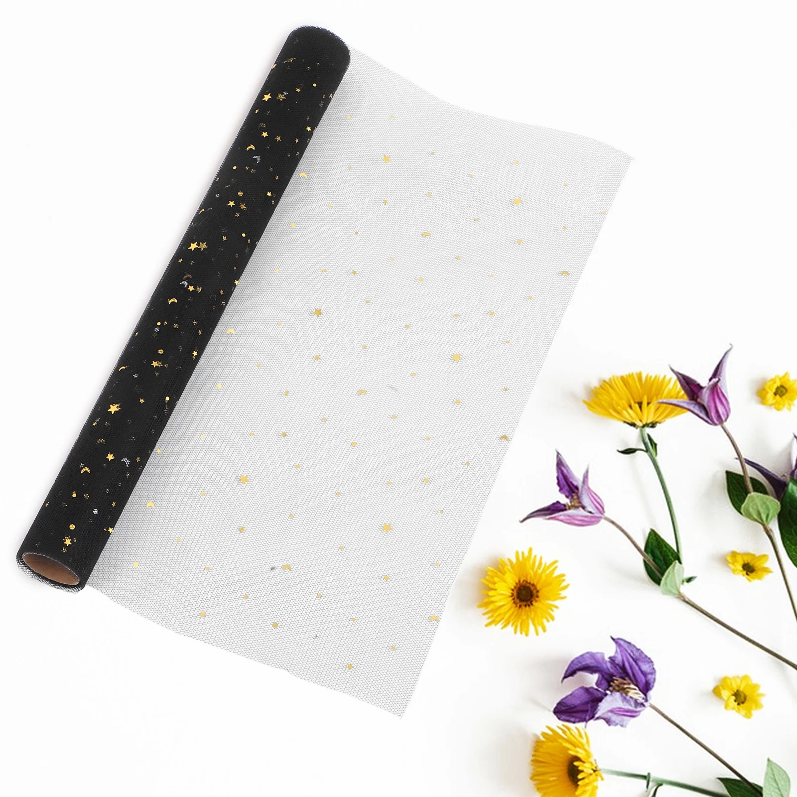 

2 Rolls Elegant Star Moon Print Tulle Mesh for Gift Packaging Flower Wrapping Sheer Fabric Roll Party Decor Supplies