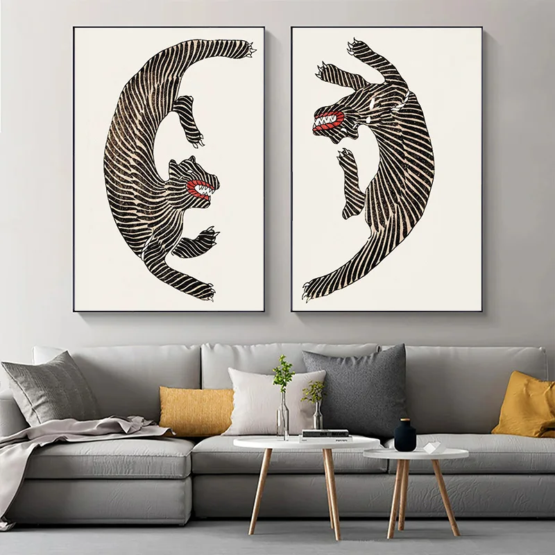Tiger Poster Japanese Style Animal Canvas Painting Vintage Asian Art Print Minimalist Wall Picture for Living Bedroom Home De