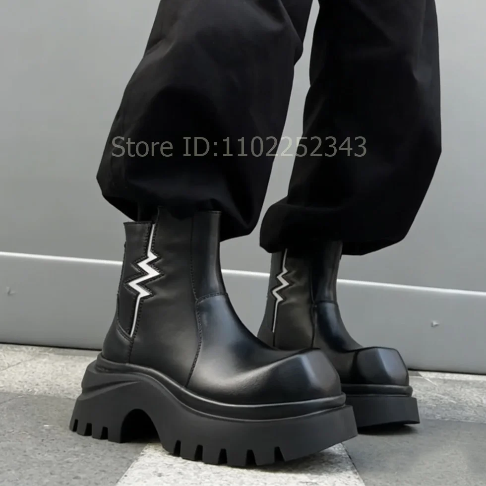 

2026 Winter Men's Square Toe Chelsea Boots Fleece Lining Warm 7Cm Platform Height Increase Back Zipper Wedges Lightning Boots