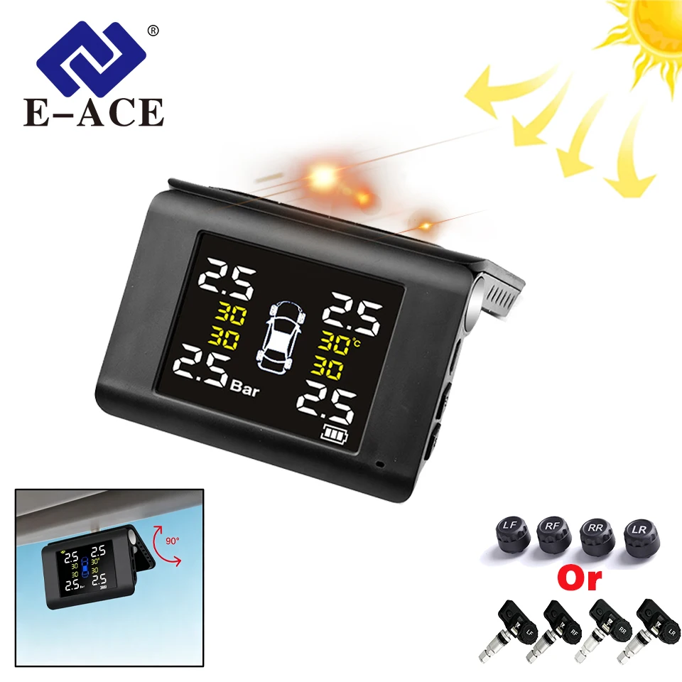 Système de surveillance de la pression des pneus de voiture E-ACE pliable, solaire et rechargeable par USB, outils de diagnostic des pneus, testeur de 4 capteurs, accessoires