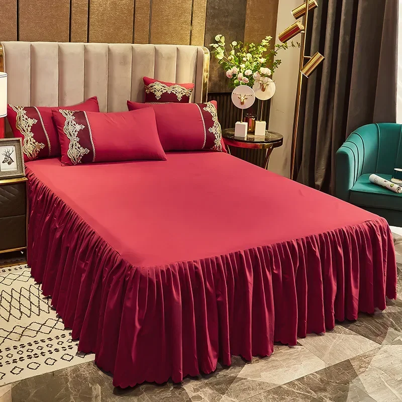 1pc Ruffles Bed Sheet Red Color Plain Dyed Bed Skirts 120/150/180/200 Decoration Bed Skirts(Pillowcase Need Order)