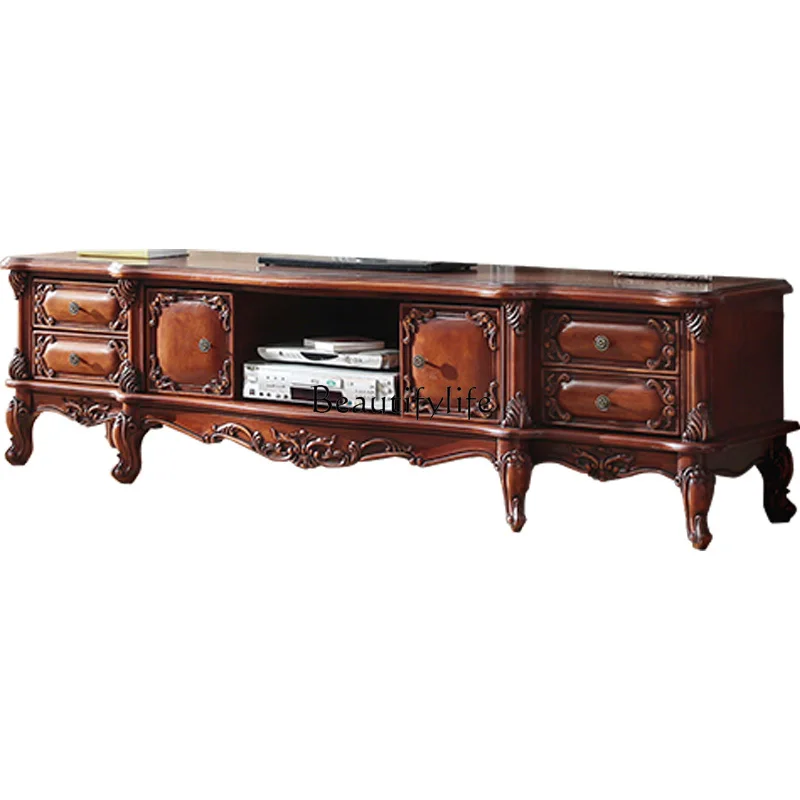 

American-style Solid Wood TV Cabinet European-style Carved Floor Cabinet