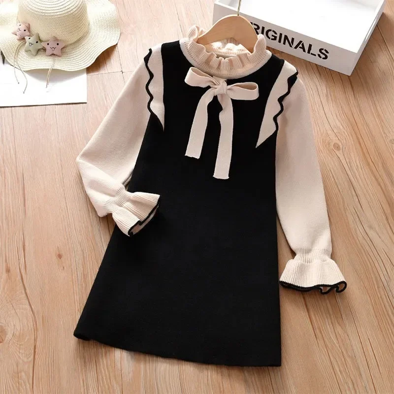 2025 Autumn winter Teenagers Girls Kids bowtie Knit Sweater Dresses Princess clothes new year christmas 4 5 6 7 8 9 10 11 year