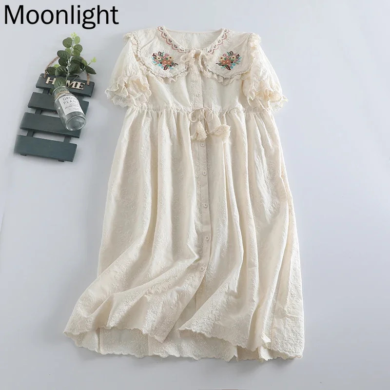 Vintage Embroidery Dresses Japan Sweet Pastoral Flower Doll Neck Short Sleeve Loose Dress Princess Lace-up Cotton Linen Vestido