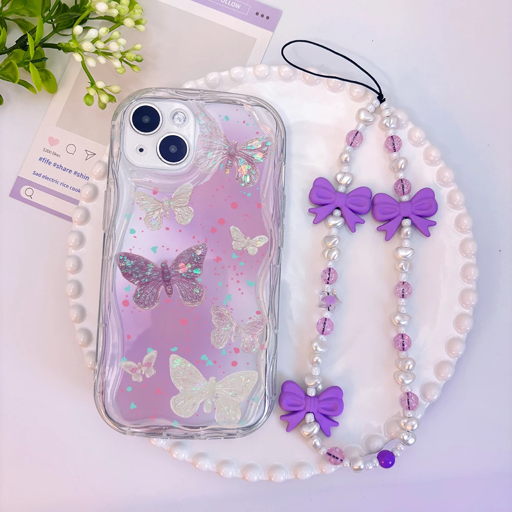 Trendy Butterfly Bowknot Pearl Chain Case For Samsung Galaxy S25 S24 S23 Ultra S22 S21 Plus S21 Ultra S20 S25 FE A07 A17 Cover