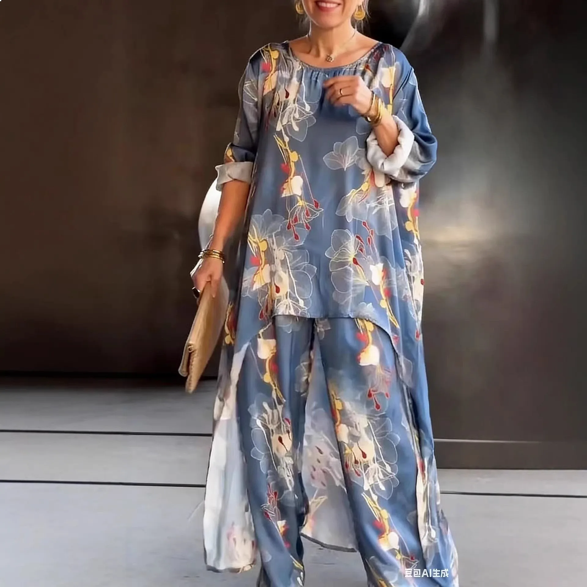 Women's Matching Set Round Neck Printed Irregular Long Top Wide Leg Pants Jumpsuit Playsuit Spring Summer