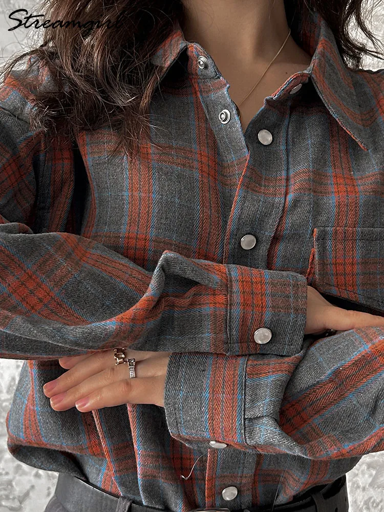 Streamgirl Oversized Plaid Shirt Women Long Tops Vintage Loose Blouses Ladies Casual Shirts Plaid Tops For Women Spring 2025