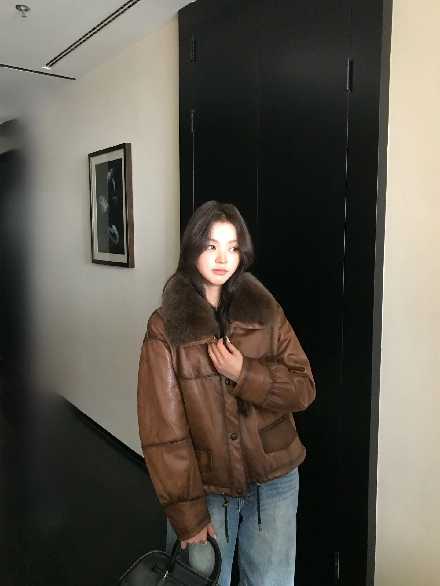 

ZM ZhouMi Women's ort Fur Coat Full Rabbit Fur Inner Liner Fur Collar Warmth Universal Fit Korean Sle Commute Faion