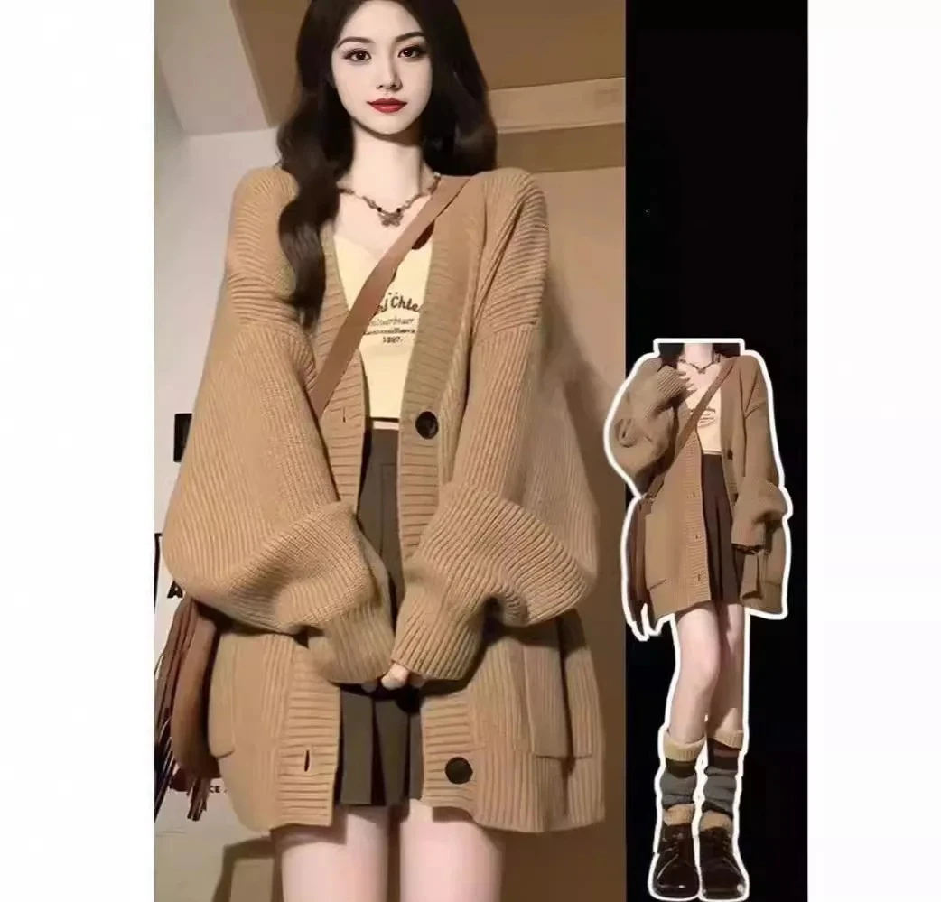 

Sweater Women Fashion Autumn Winter New Loose V Neck Button Lantern Sleeve Solid Color Cardigan Cardigan Women